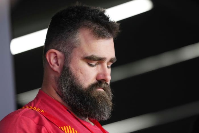 Feb 11, 2024; Paradise, Nevada, USA; Jason Kelce brother of Kansas City Chiefs tight end Travis Kelce (87) watches play during the third quarter of Super Bowl LVIII between Kansas City Chiefs and San Francisco 49ers at Allegiant Stadium.